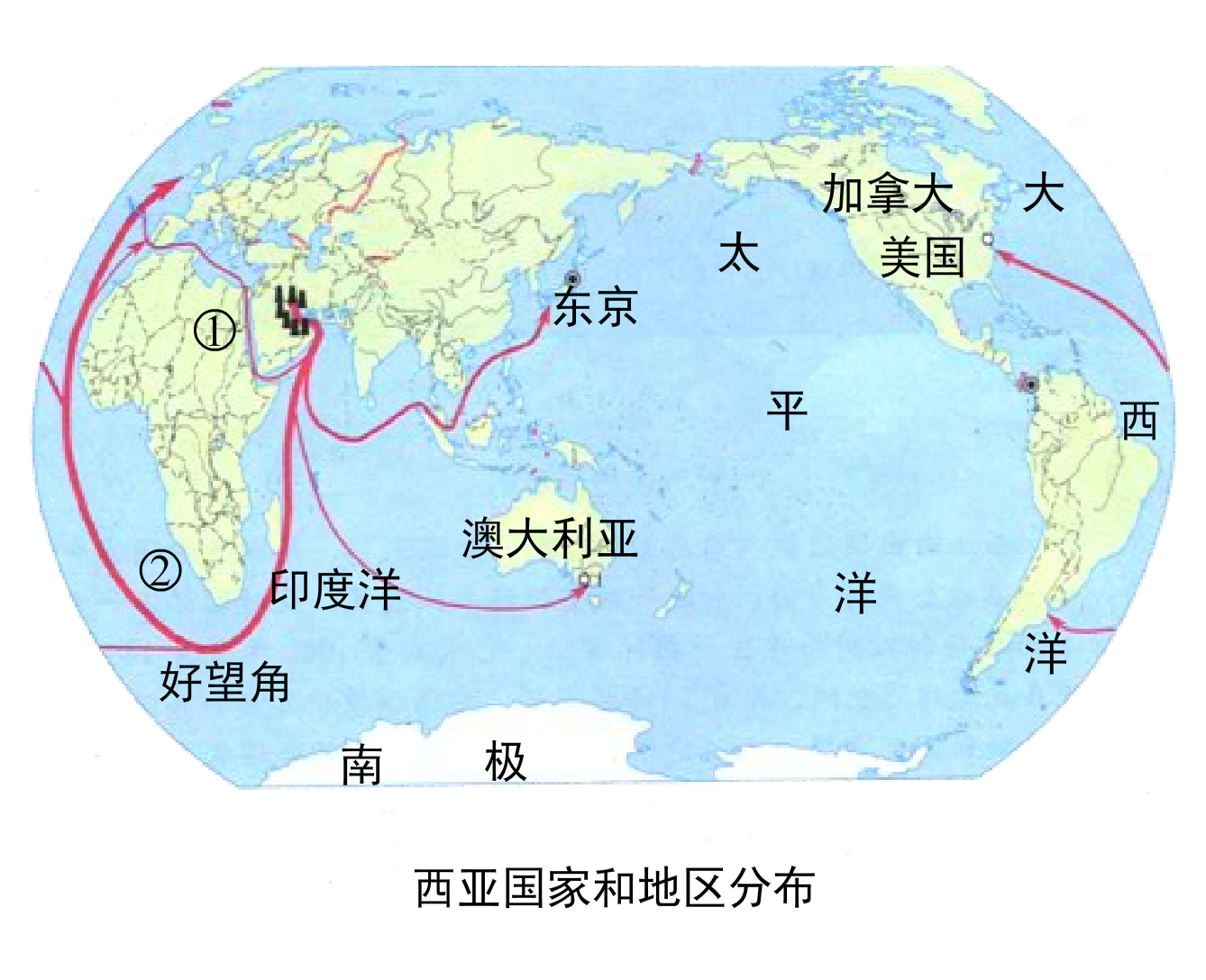 读图中“西亚国家和地区分布图”和“西亚石油海上运输线路示意图”，完成下列小题。1西亚石油主要分布地区是A. 地中海沿岸B. 红海沿岸C ...