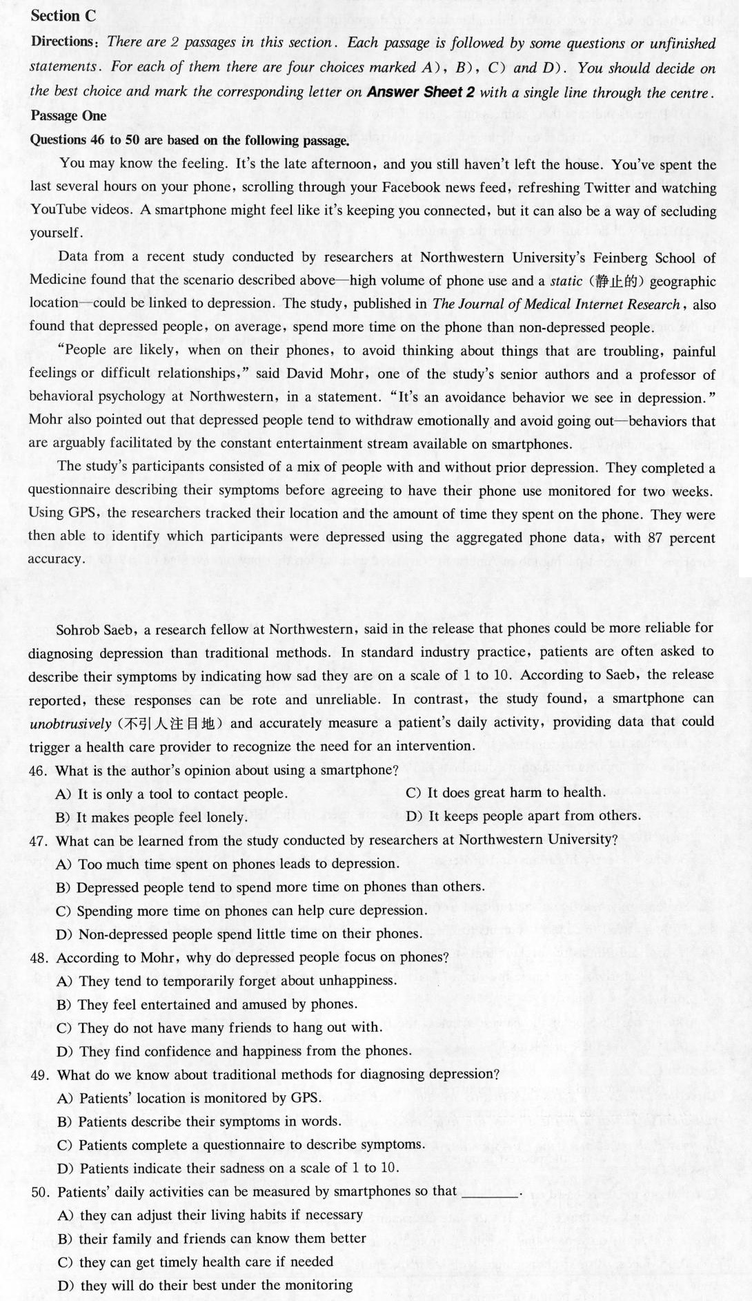 Section C Directions There are 2 passages in this section.Each passage