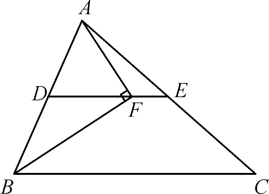 如图,在 ABC中,点D,E分别是边AB,AC的中点,点F是线段DE上的一点.连接AF,BF,∠AFB=90°,且AB=10,BC=16,则 ...